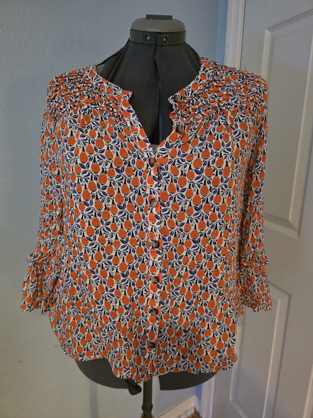 Anthropologie Maeve Orange & Navy Printed Ruffle-Trim Blouse